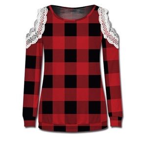 NWT Red&Black buffalo check lace-trim cutout top